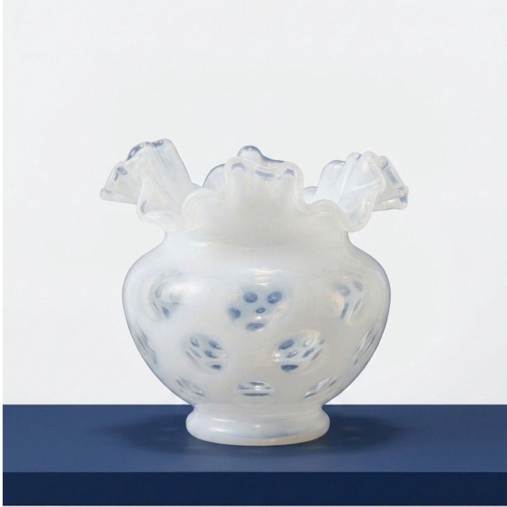 Vintage White Opalescent Coin Dot Glass Vase Ruffled Edge Art Glass Milk Glass